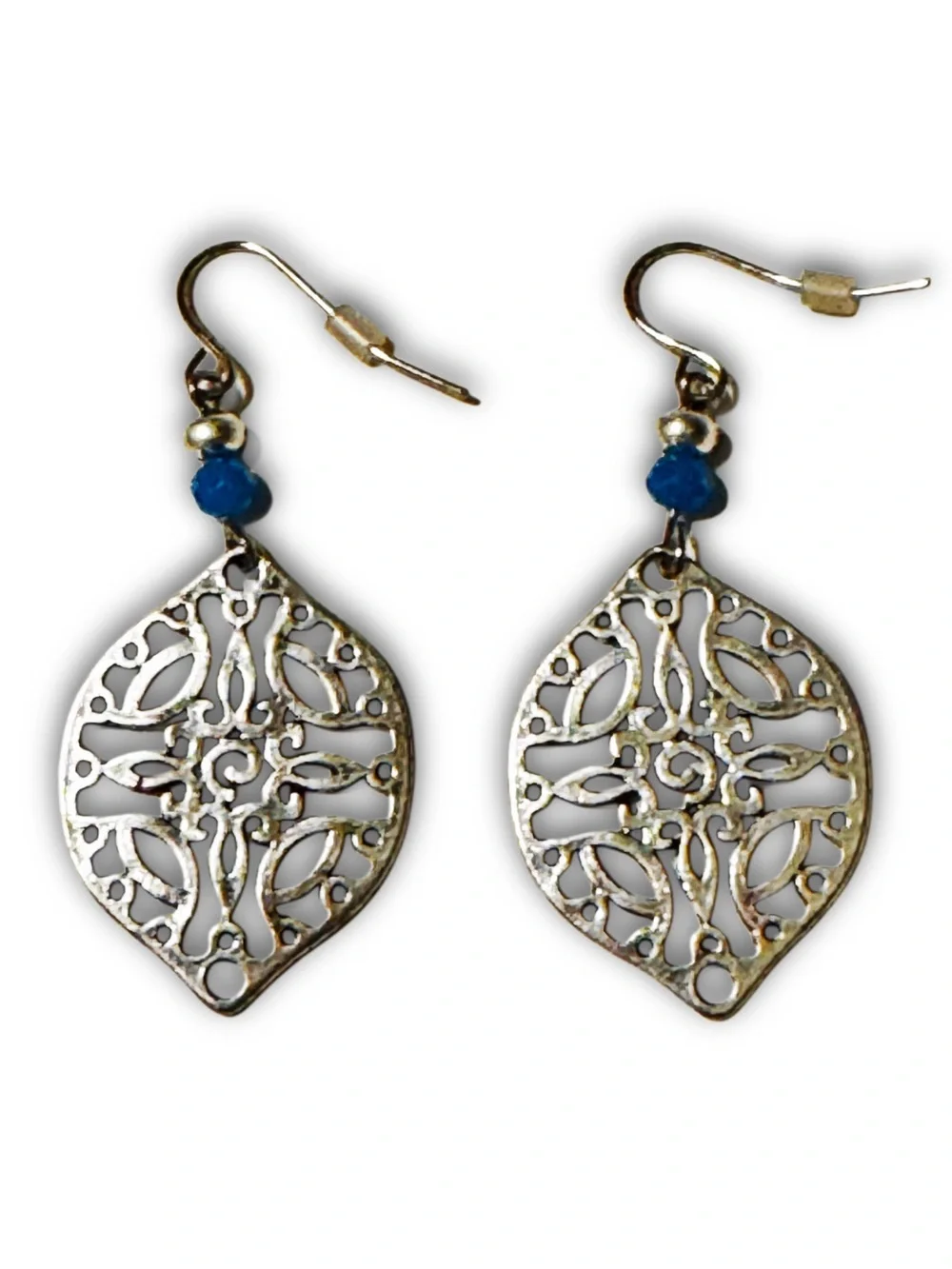 Filigree Leaf Drop Earrings with Blue and Silver Bead Accents